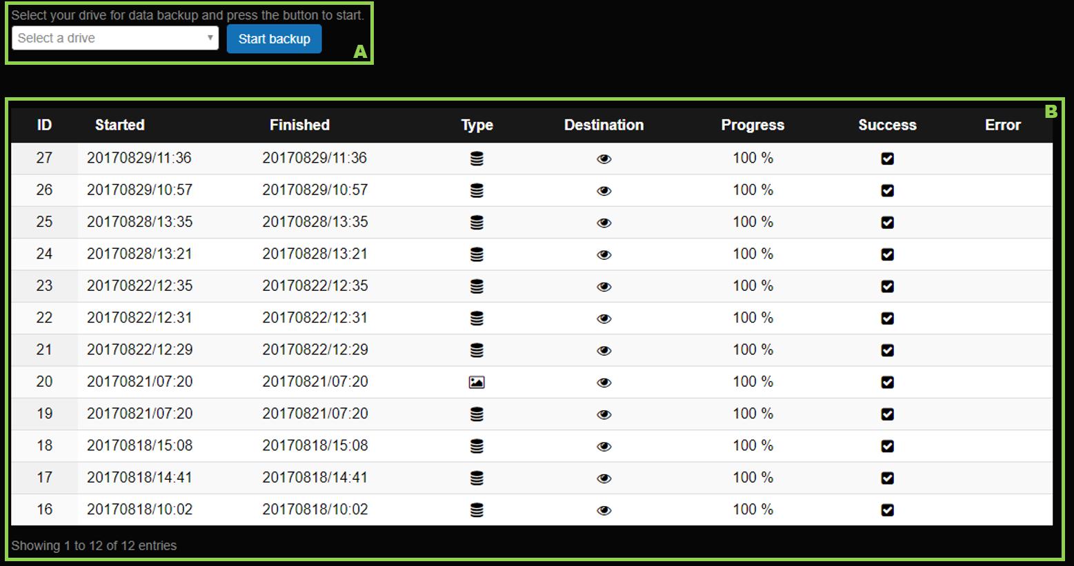 Backups page